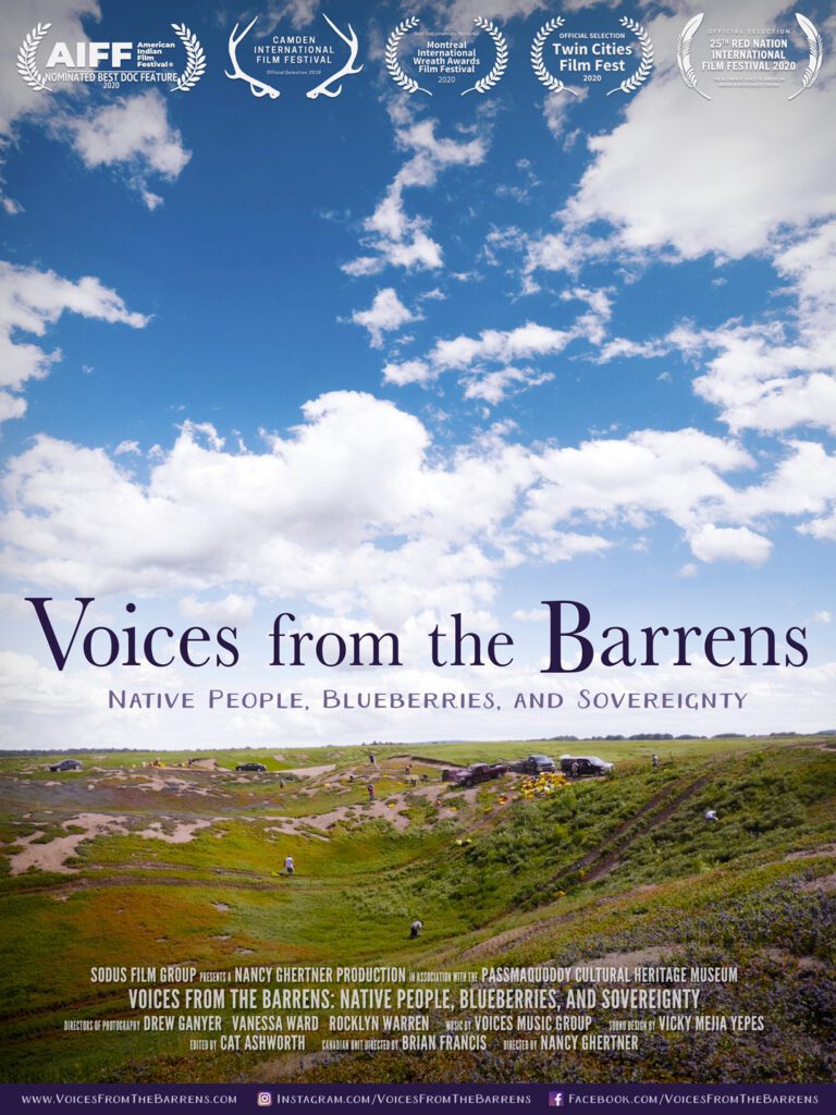 Voices from the Barrens Movie poster with blue sky and clouds over an empty landscape